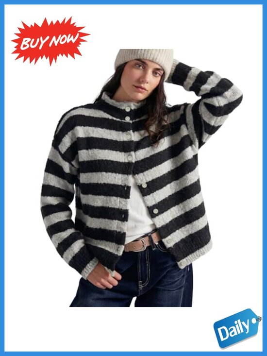 Sweaters - Women's Striped Button Down Cardigan Long Sleeve Knit Sweater